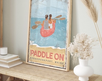 vintage beach KAYAK sign, retro PADDLE ON poster, couple kayaking on the ocean, Kennebunk Port Maine canvas print, fun gift for couple {vpb}