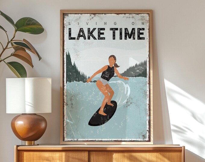 Black Lake Art, Wakesurf Wall Sign, Personalized Lake Time Lake House Decor