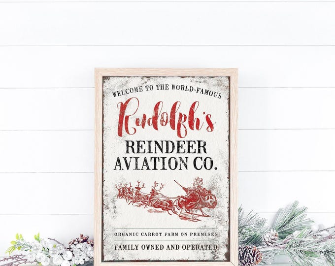 Christmas Mantle Sign, Custom Rudolph's Reindeer Aviation Co with Santa's Sleigh in Red Decor
