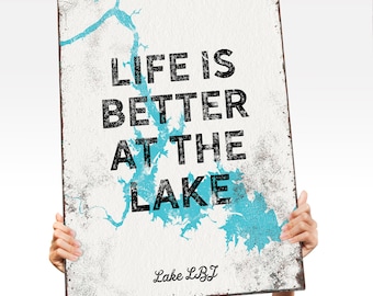 vintage LAKE LBJ sign > "life is better at the lake" poster, turquoise blue art print for lake house, personalized farmhouse decor {lsw}