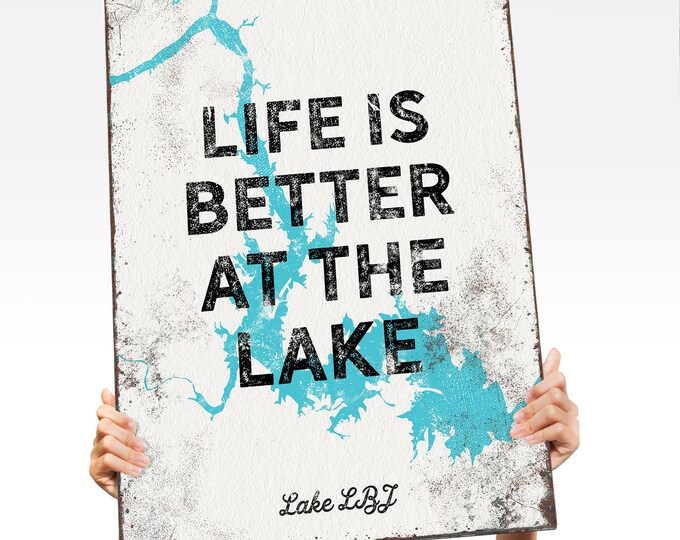 vintage LAKE LBJ sign > "life is better at the lake" poster, turquoise blue art print for lake house, personalized farmhouse decor {lsw}