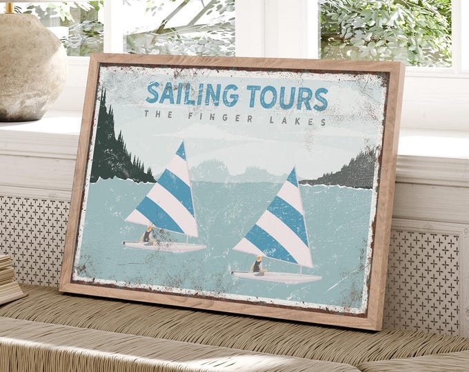 Blue Teal Lake Art, Sunfish Sailboat Finger Lakes Scene, Custom Lake House Gift