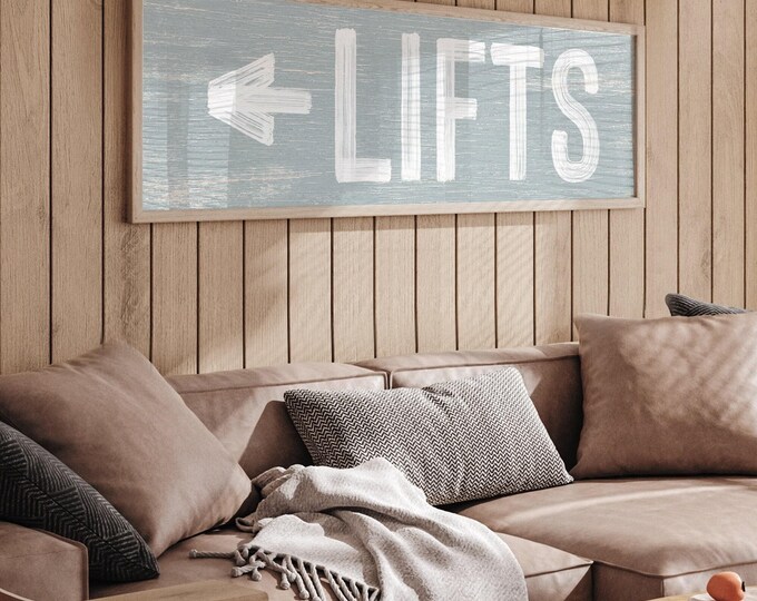 Mountain Chalet Ski Sign, LIFTS Arrow, Weathered Wood Look (Customizable)