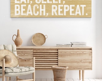 Eat Sleep Beach Repeat Sign - Vintage Coastal Wall Decor, Canvas
