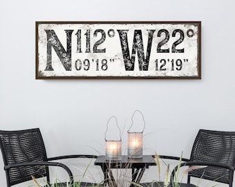 Custom COORDINTAES SIGN, Latitude and Longitude Sign in Black and White, GPS Coordinates Wall Art, Faux Weathered Wood or Rusty Metal {scw}