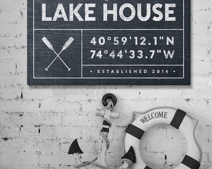 hale navy LAKE HOUSE canvas, nautical last name sign, personalized GPS location coordinates, vintage rustic farmhouse decor {gdo}