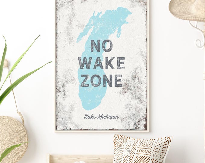 No Wake Zone Sign: Custom Lake Name, Vintage Gray Blue Art