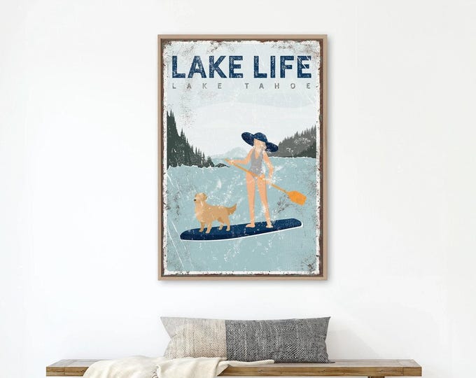 navy LAKE LIFE sign with personalized dog > paddleboarding with golden retriever poster for vintage lake house decor, SUP paddle board {vpl}
