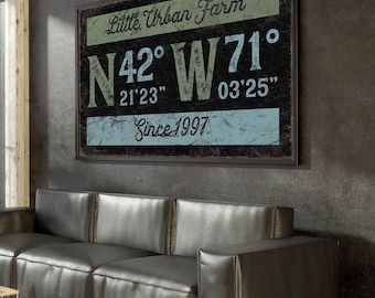Urban Farmhouse Canvas Sign, Distressed Black (Custom GPS Coordinates)