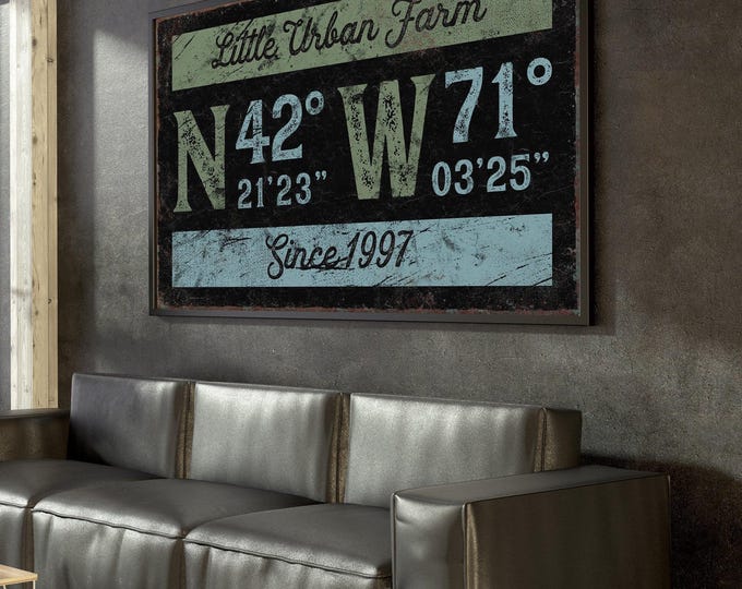 Urban Farmhouse Canvas Sign, Distressed Black (Custom GPS Coordinates)