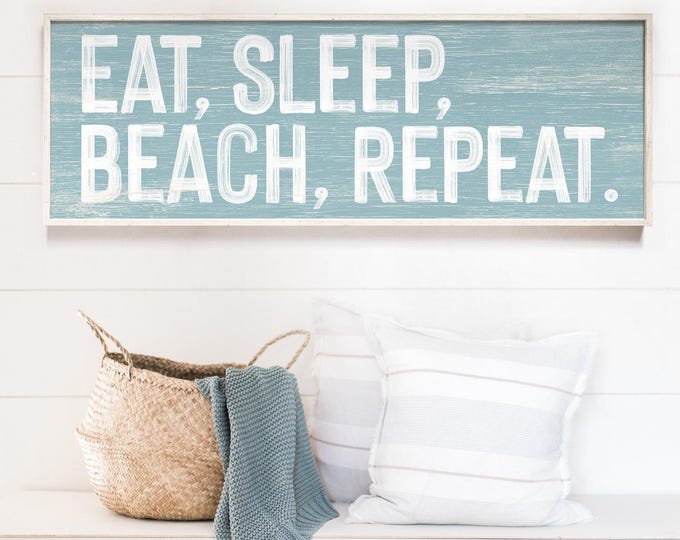Ocean Art Sign, Eat Sleep Beach Repeat in Teal, Whitewashed Frame Coastal Wall Decor