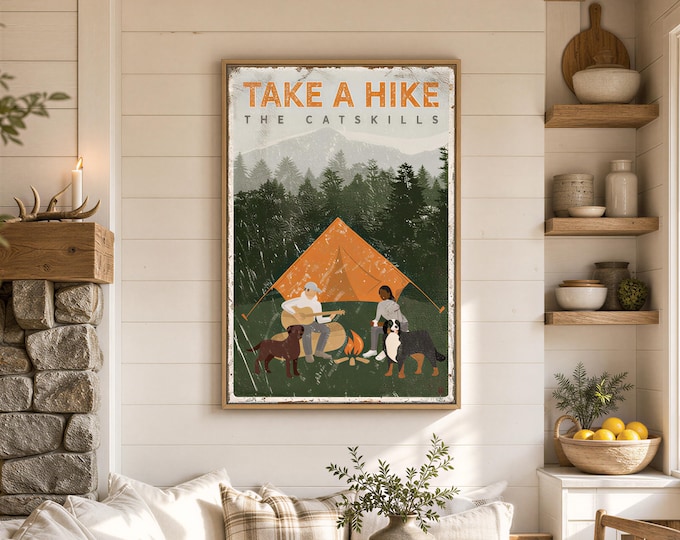 Custom Camping Wall Art: Vintage Catskills Sign with Dog Breeds