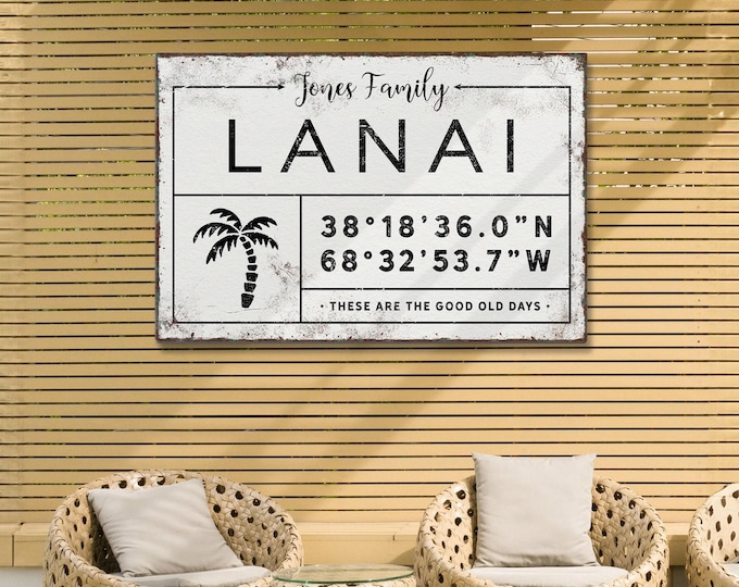 Lanai Sign Personalized Last Name, Custom Coordinates Palm Print, Vacation Home Wall Art