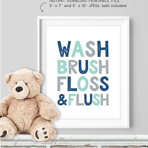 wash brush floss & flush poster / wall art print DIY / bathroom sign, NAVY MINT nursery poster, gallery wall▷ digital printable poster jpeg