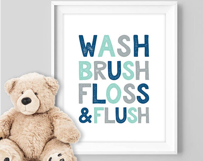 wash brush floss & flush poster / wall art print DIY / bathroom sign, NAVY MINT nursery poster, gallery wall▷ digital printable poster jpeg