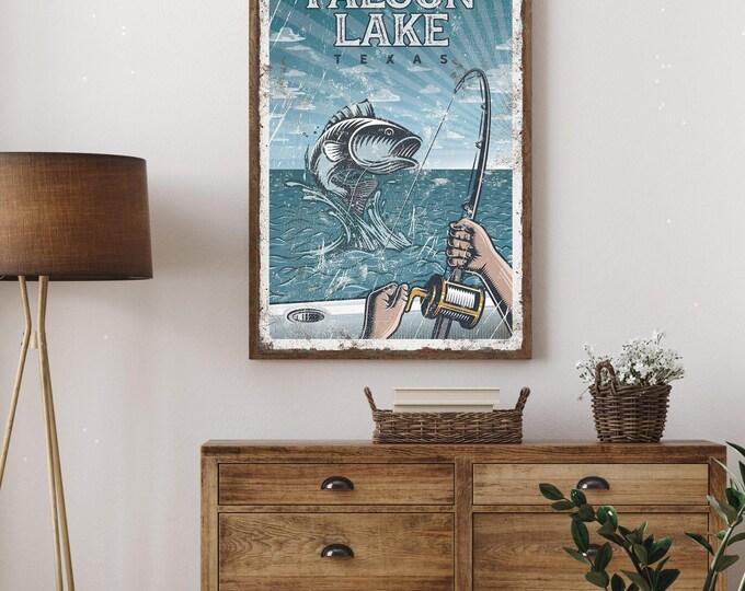 Lake Fishing Art, Falcon Lake Texas Bass Sign, Blue Gift for Fisherman