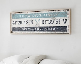 Custom Coordinates Sign - Vintage Boat Oars, Gray Blue Lake House Art
