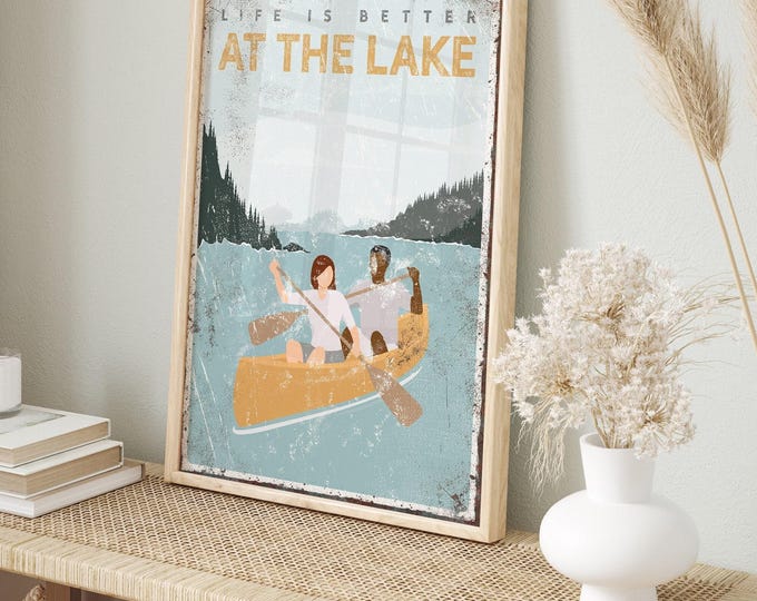 Couple On Canoe, Pale Blue And Gold Lake Scene, Personalized With Your Lake Name