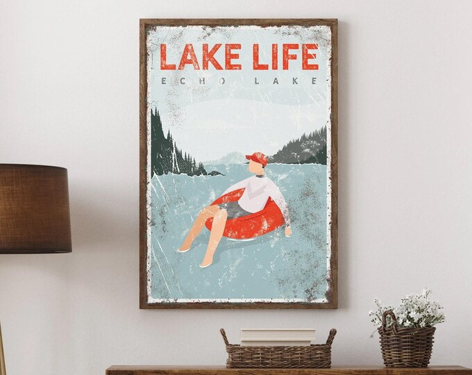 vintage LAKE LIFE sign > personalized lake house decor, custom tubing poster, sunbathing print for farmhouse (Echo Lake) {vpl}