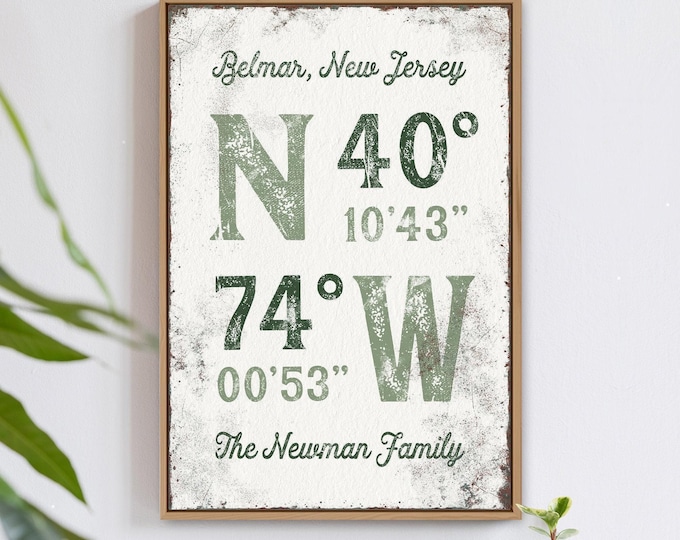 Coordinates Sign: Custom Last Name Art Print (Sage Green, Farmhouse Style)