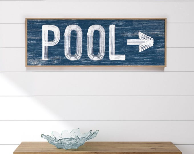 Large Pool Sign with Arrow - Vintage Navy Blue Wall Art