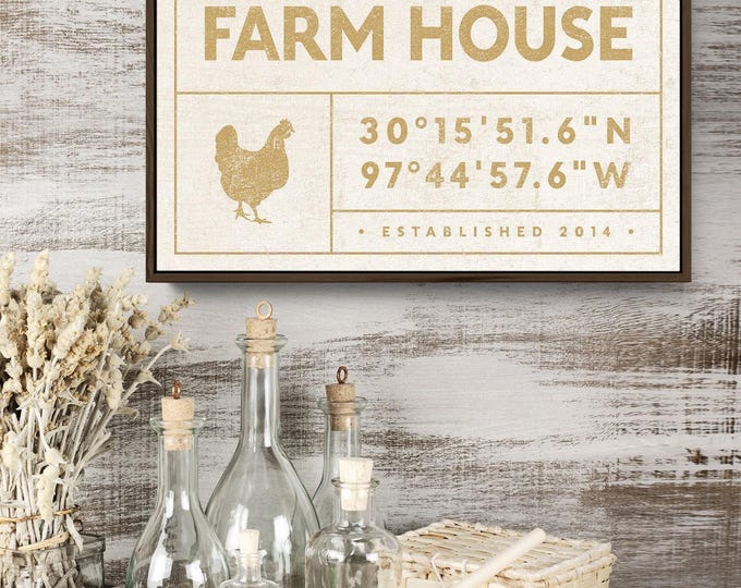 french FARM HOUSE sign, rustic family name canvas for boho farmhouse decor, custom GPS location, antique distressed wall art {gdo}