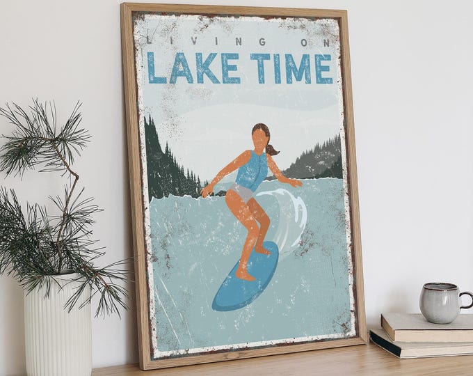 Meet Me At The Lake, Wakeboard Girl Art, Light Blue Teal Cream Tan, Personalized Lake Name