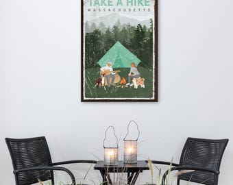Custom Camping Dog Poster: Vintage Campfire Art with Greyhound & Shih Tzu