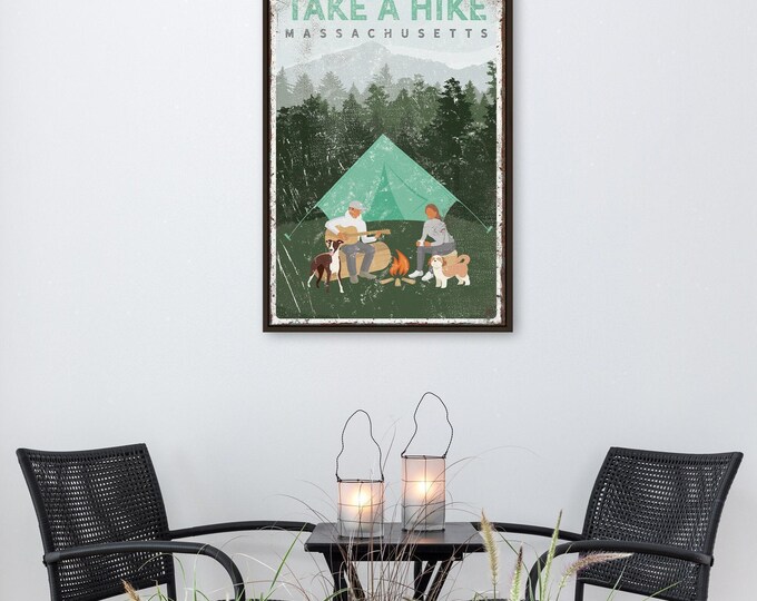 Custom Camping Dog Poster: Vintage Campfire Art with Greyhound & Shih Tzu
