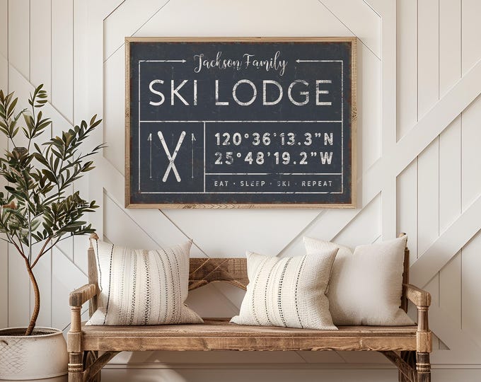 Family Name Ski Lodge Sign: Custom Coordinates Canvas (Multiple Sizes)