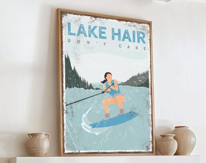 Navy Lake Sign, Pale Blue Wakeboard Scene, Personalized Lake Hair Don't Care Art