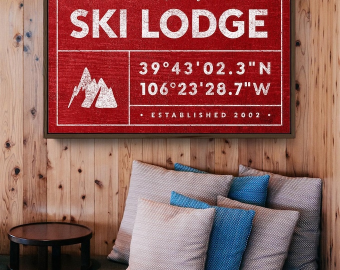 Family Name Sign, Rustic Last Name, Ski Lodge Sign, Personalized Canvas Print, Custom GPS Coordinates, Country Farmhouse Wall Art