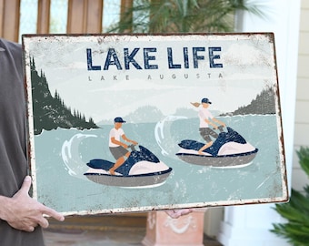 Custom Lake Life Sign - Vintage Couple on Jetskis Canvas Print
