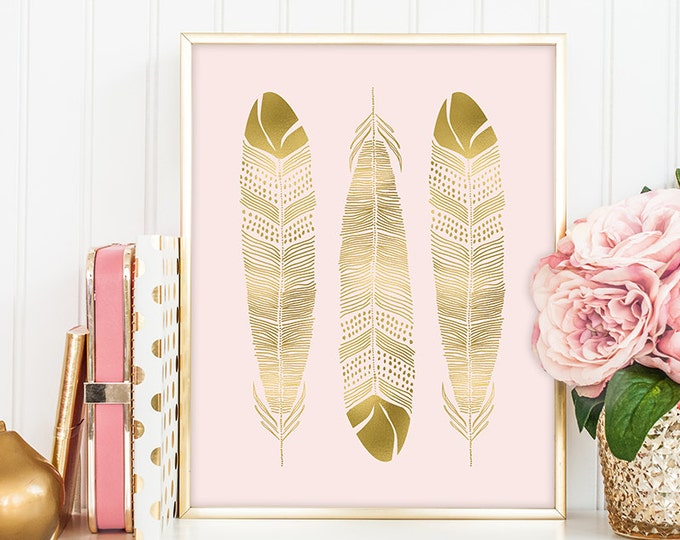three feathers poster / wall art print DIY / GOLDEN BLUSH / glitter gold and pink / tribal sign ▷digital printable sign
