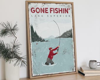 Vintage GONE FISHING Poster, Retro Lake Superior Wall Art, Distressed Lake Poster, Fishing Gift for Him, Gift for Fisherman, Maroon{vpl}