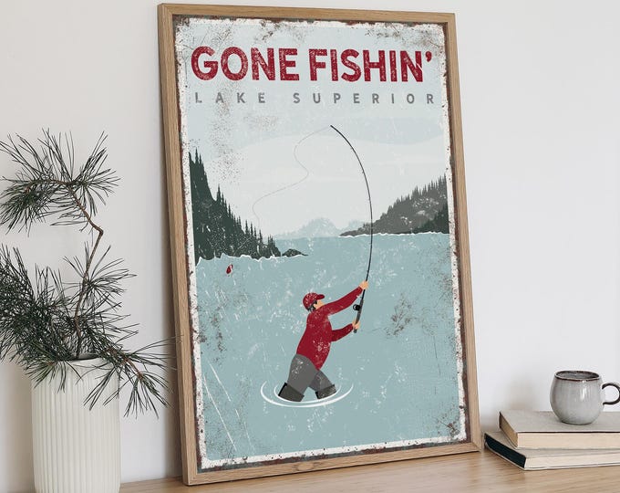 Vintage GONE FISHING Poster, Retro Lake Superior Wall Art, Distressed Lake Poster, Fishing Gift for Him, Gift for Fisherman, Maroon{vpl}