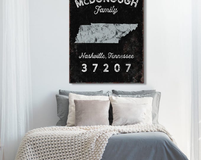 custom FAMILY NAME sign > boho farmhouse decor, family name with custom state art and zip code (Nashville, Tennessee)