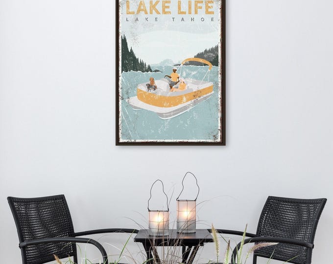 personalized COUPLE pontoon boat sign • LAKE LIFE • Lake Tahoe • Couple with 2 dogs • Dachsund and Goldendoodle • lake house decor {vpl}