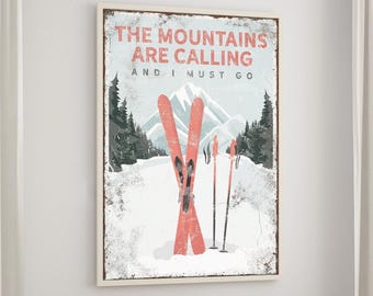 Mountain Ski Sign: Retro Coral Wall Art (Custom Text, Maple Frame)