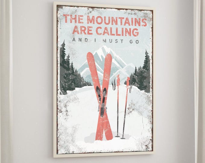 Mountain Ski Sign: Retro Coral Wall Art (Custom Text, Maple Frame)