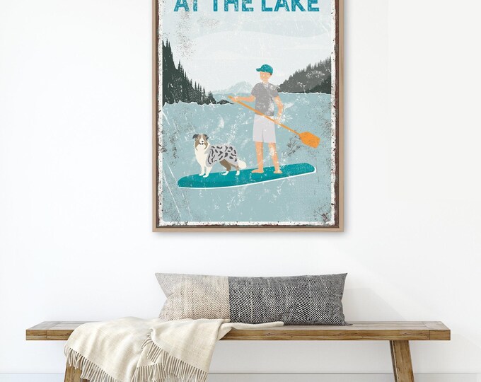 teal paddleboarding sign with personalized dog for retro lake house decor {vpl}