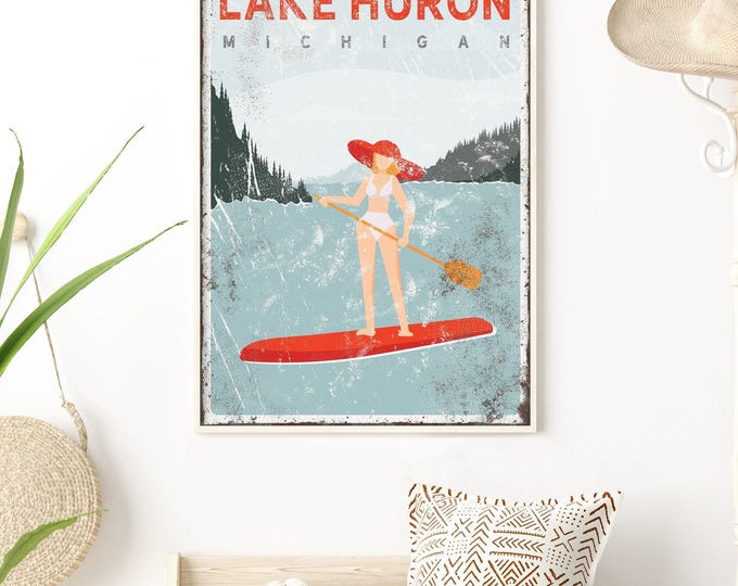 Vintage Lake Sign, Rustic White Frame, Lake House Wall Art, Nautical Paddleboard, Custom Gift, Clay Canvas Print, Relaxed Style Decor {VPL}