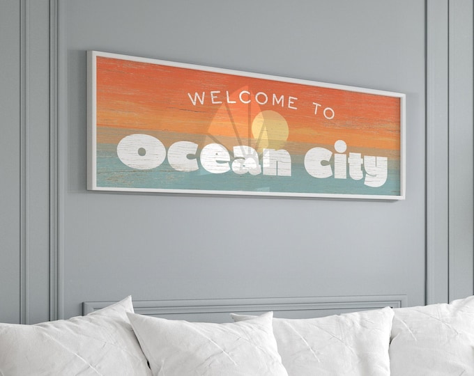 Custom City Sign, Ocean City Welcome Sunset Wall Art, Vintage Coastal Long Canvas Print