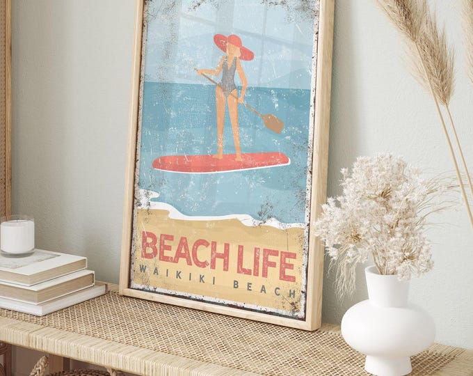 vintage PADDLEBOARD SIGN, retro paddleboard art, coral beach life decor, personalized paddleboarding canvas print, Waikiki Beach sign {vpb}