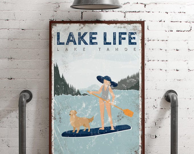 Lake Life Wall Sign - Vintage Paddleboard with Golden Retriever
