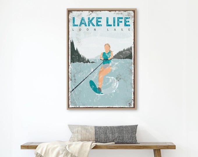 personalized LAKE LIFE sign > custom water skiing poster for lake house decor, slalom water ski gift for her, teal vintage lake art {vpl}
