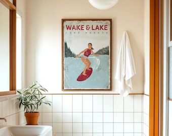 Personalized Decor, Wake And Lake Sign, Lake Gift Idea, Vintage Water Ski Poster, Lake House Wall Art, Retro Slalom Ski Print For Her {vpl}