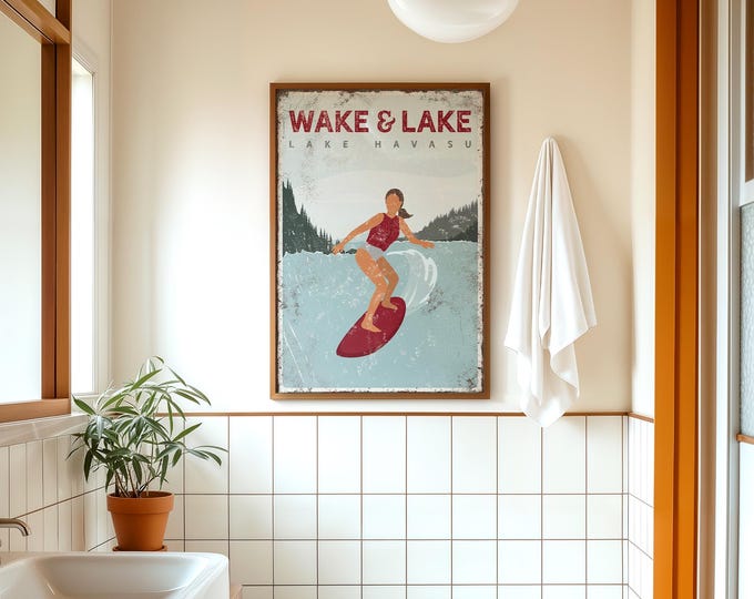 Personalized Decor, Wake And Lake Sign, Lake Gift Idea, Vintage Water Ski Poster, Lake House Wall Art, Retro Slalom Ski Print For Her {vpl}