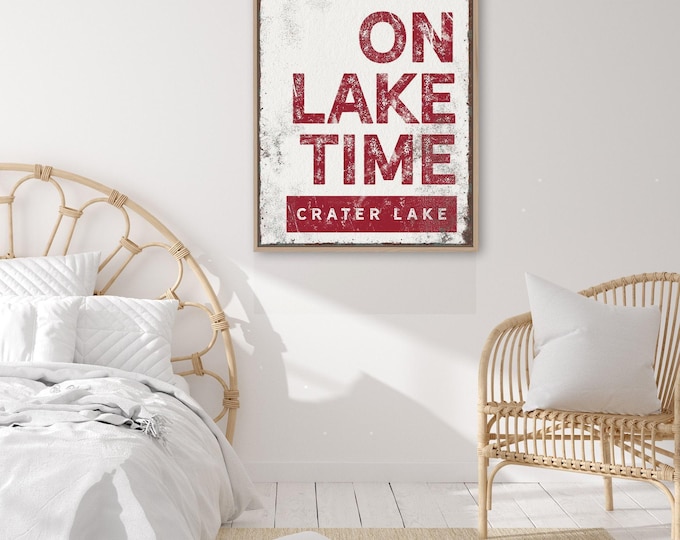 On Lake Time Sign, Deep Red and Cream Banner Wall Art, Custom Lake Name Gift