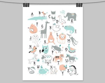Animal Alphabet Wall Art: Teal and Peach Nursery Print